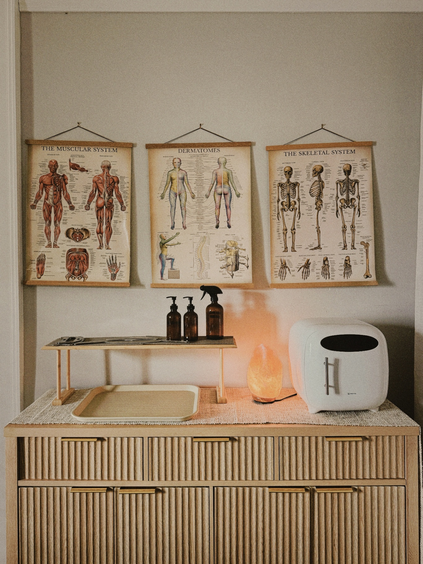 Treatment station with anatomy charts, salt lamp, and clinical supplies